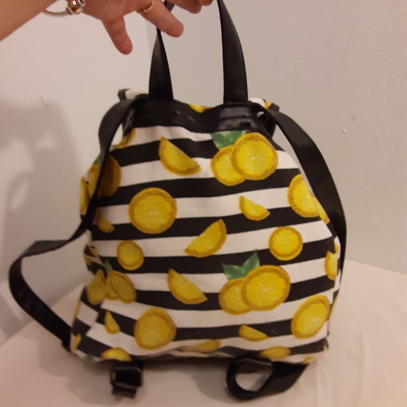 Hot Topic Canvas & Faux Leather Lemon Striped Backpack - Picture 4 of 9